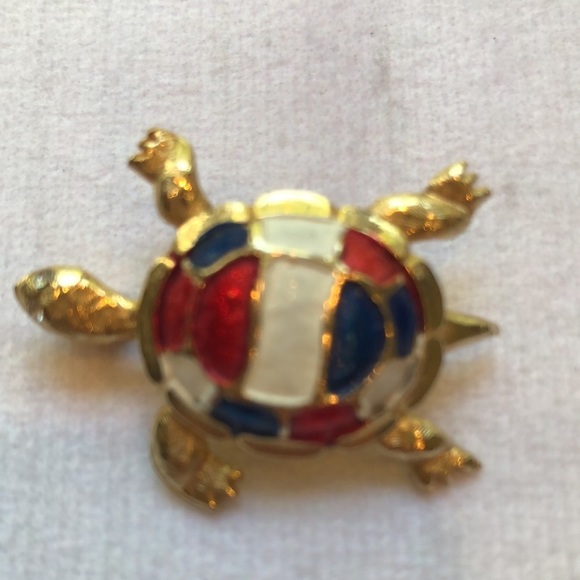 Patriotic Turtle Brooch Pin Gold tone Red White Blue Enamel Accents Crystal Eyes - Picture 5 of 10
